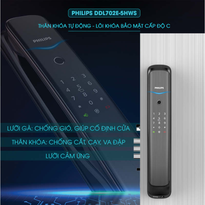Khóa cửa thông minh vân tay cao cấp Philips DDL702E-5HWS Khóa cửa thông minh vân tay cao cấp Philips DDL702E-5HWS