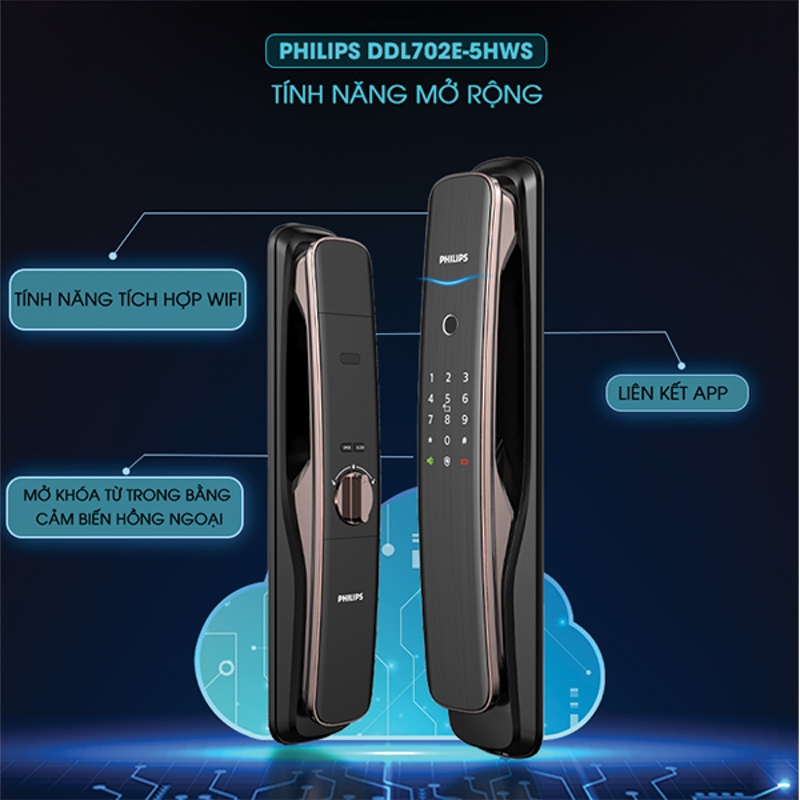 Khóa cửa thông minh vân tay cao cấp Philips DDL702E-5HWS Khóa cửa thông minh vân tay cao cấp Philips DDL702E-5HWS